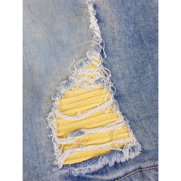 Frost Origin Shorts Mens 38 Blue Distressed Ripped Denim Yellow Patch Streetwear - Picture 4 of 15